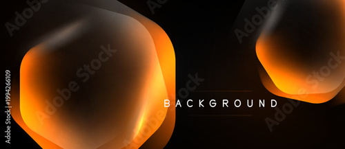 Abstract design features orange, brown gradients. Shapes overlap creating dynamic visual effect. Dark background emphasizes luminosity.