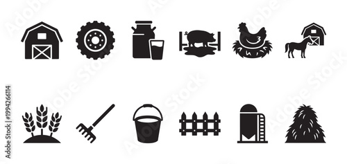 A collection of clean, black vector icons representing various farm elements including barns, animals, equipment, and crops on a white background.