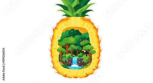An inside look at a pineapple revealing a lush tropical forest and a waterfall, a vibrant and detailed illustration