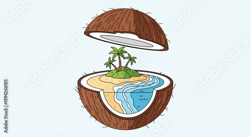 Island paradise inside a coconut half, showcasing a miniature tropical beach and ocean waves