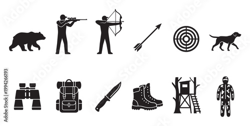 A collection of black vector icons representing various hunting elements including animals, equipment, and accessories on a white background.