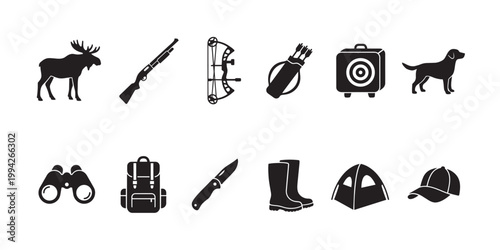 A collection of black silhouette icons representing hunting and camping activities, including a moose, rifle, bow, arrows, dog, binoculars, backpack, knife, boots, tent, and cap.