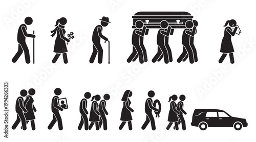 A collection of black pictogram icons depicts a solemn funeral procession with mourners carrying a coffin, flowers, a wreath, and a hearse.