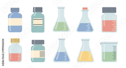 Diverse collection of laboratory glassware and containers filled with colorful chemical liquids, symbolizing scientific research, experiments, and discovery in chemistry and biology