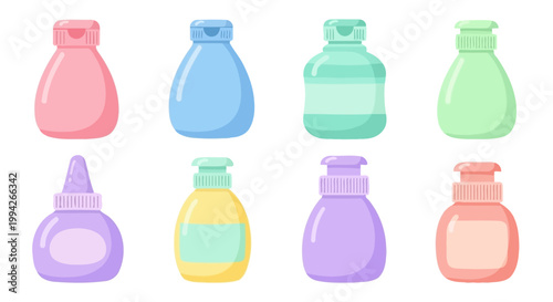 Various plastic bottles for liquids like soap, lotion, and cleaning products, in pastel colors