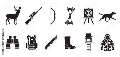 A collection of black vector silhouette icons representing various hunting elements and equipment on a white background, ideal for outdoor activity and sport themes.