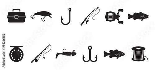 A collection of black and white silhouette icons representing various fishing equipment including rods, reels, lures, hooks, and fish on a white background.