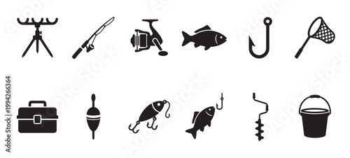 A clean, black and white collection of silhouette icons depicting various fishing equipment, perfect for design projects related to outdoor recreation and angling.