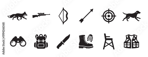 A collection of black silhouette icons representing various hunting equipment and animals, including a fox, rifle, bow and arrow, target, dog, binoculars, backpack, knife, boot, chair, and vest.
