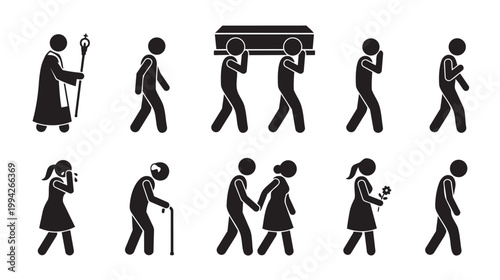 A collection of black stick figure icons depicts a funeral procession with pallbearers carrying a coffin, mourners expressing grief, and a figure in ceremonial robes.