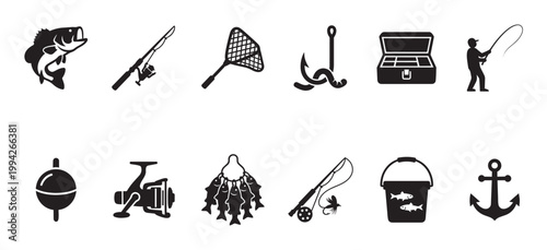A collection of black silhouette icons representing various fishing equipment and activities, such as a jumping fish, rod, reel, net, bait, and anchor.