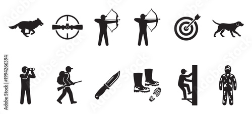 A collection of black silhouette icons depicts various hunting and outdoor recreation activities and equipment, ideal for design projects.