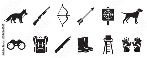 A collection of black silhouette icons representing hunting equipment such as a fox, rifle, bow, arrow, target, dog, binoculars, backpack, knife, boots, blind, and gloves.
