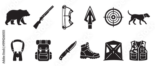 A collection of black and white silhouette icons representing various hunting equipment and animals, perfect for outdoor and sport themes.