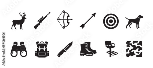 A collection of black silhouette icons representing hunting gear and animals including a deer, rifle, bow, arrow, target, dog, binoculars, backpack, knife, boots, chair, and camouflage pattern.