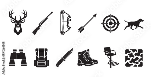 A collection of black vector icons representing hunting equipment, animals, and accessories on a white background. Ideal for design projects related to outdoor activities and sports.