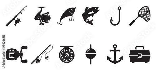 A clean vector silhouette collection showcases various fishing equipment and symbols, perfect for graphics related to hobbies, outdoors, and recreation.