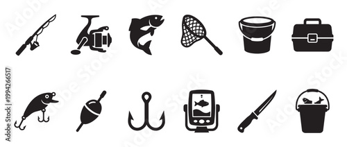A collection of black silhouette icons representing various fishing equipment, including a rod, reel, lure, hook, net, bucket, tackle box, fish finder, knife, and fish in a bucket.