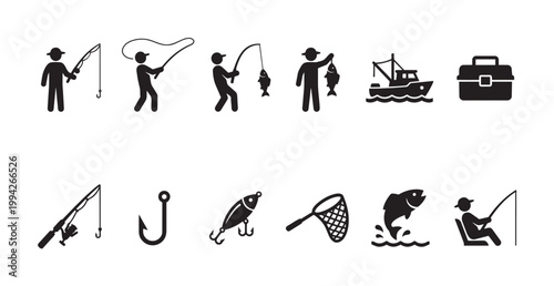 A collection of black silhouette icons representing various fishing activities and equipment, such as anglers with rods, caught fish, fishing boat, and tackle box.