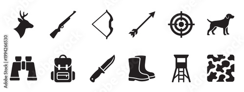 Collection of simple black vector icons representing hunting equipment and wildlife, including a deer, rifle, bow, arrow, target, dog, binoculars, backpack, knife, boots, and hunting blind.