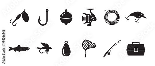 A collection of black silhouette icons representing various fishing equipment on a white background, ideal for sports and outdoor themes.