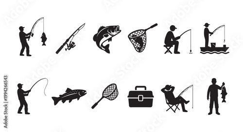 A collection of black silhouettes depicting various fishing activities, including people holding rods, fish, nets, tackle boxes, and a boat.