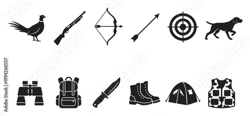 Collection of black silhouette icons representing hunting and outdoor activities, including animals, weapons, and camping gear, suitable for design projects.