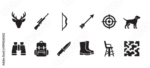 A collection of black silhouette icons representing various hunting elements, including a deer, rifle, bow, arrow, binoculars, backpack, and camouflage pattern.