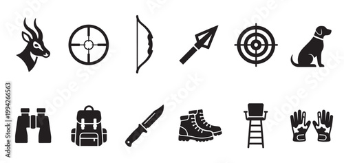 Collection of black and white icons representing various hunting and outdoor activity elements including a gazelle, dog, bow, arrow, and gear.
