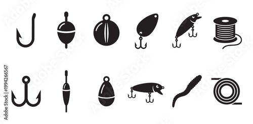A clean, black and white collection of iconic fishing equipment symbols, including hooks, floats, lures, and fishing line on a spool, perfect for graphic design and outdoor themes.
