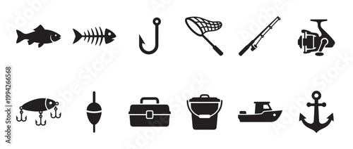 A collection of black fishing icons including a fish, hook, rod, reel, lure, and boat, ideal for design and illustration.