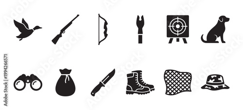 A collection of black vector icons representing various hunting equipment and symbols like a duck, rifle, bow, dog, and target.