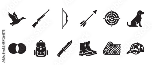 This set of vector icons showcases various hunting essentials, including a duck, shotgun, bow, arrow, target, dog, backpack, knife, boots, and camouflage cap, on a white background.