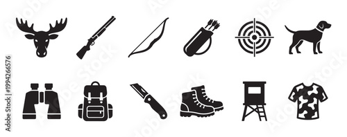 This graphic collection displays a diverse set of black vector icons representing various hunting essentials and equipment for outdoor adventures.