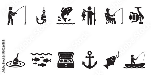 A collection of black silhouette icons depicting various fishing activities, equipment, and marine life, perfect for illustrating hobbies and outdoor recreation.