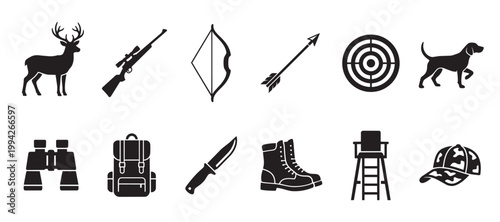 A collection of black silhouette icons depicting various hunting equipment and animals, including a deer, rifle, bow, arrow, target, dog, binoculars, backpack, knife, boots, blind, and camouflage hat.