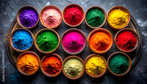 An overhead shot showcases a collection of vibrant, colorful powders arranged in small earthenware bowls on a dark, textured surface, creating a visually striking and festive display.