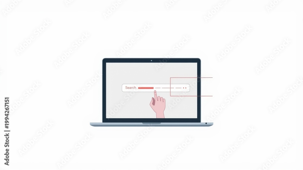 Fototapeta premium Ultraminimal vector illustration of laptop with hand on screen technology and digital concept simple design