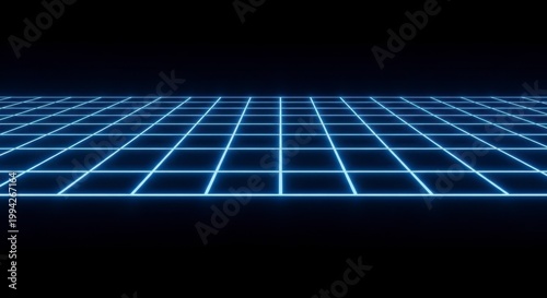 A futuristic grid of blue neon lights against a dark background