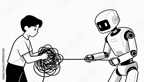 Human and robot in a tug-of-war over a tangled mess of rope symbolizing the complexities of artificial intelligence and human collaboration in the modern world
