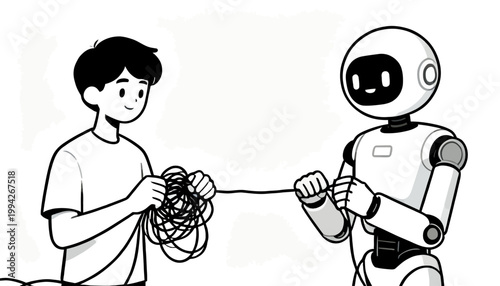 Friendly robot character guards a secure vault, a minimalist black and white vector illustration symbolizing modern technology, cybersecurity, and data protection
