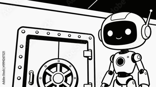 Technological guardian A charming robot stands beside a robust safe, embodying concepts of data protection, cyber security, and secure digital assets in a minimalist illustration