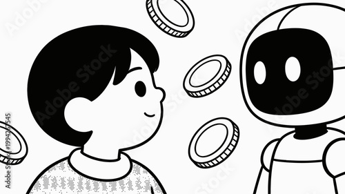 Minimalist black and white illustration depicting a person and a robot tossing coins, symbolizing finance and technology