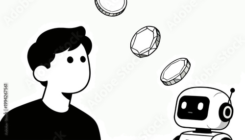 Human and AI Collaboration in a Complex Tech World A Minimalist Black and White Illustration of a Man and Robot Untangling Digital Challenges and Problem Solving in the Workplace