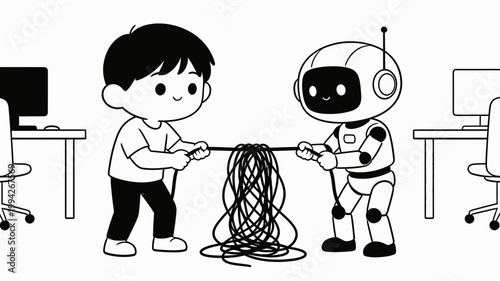 Navigating the tangled web of technology A human and robot collaborate or compete to untangle complex systems in a modern office environment, highlighting digital challenges