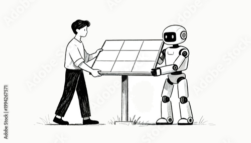 Human and robot collaborating on a sustainable energy project, installing solar panels together, symbolizing the innovative partnership between technology and mankind for a greener future