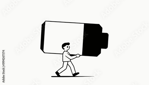Minimalist black and white editorial illustration depicting a diligent person carrying a large, partially charged battery, symbolizing ongoing energy management and resource responsibility