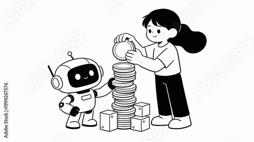 Minimalist illustration of a young girl and a robot stacking coins and blocks, symbolizing collaborative financial growth, smart savings, and AI-assisted investment