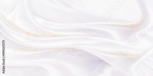Smooth white silk fabric background with a soft luxury satin texture featuring flowing waves and light cream drapery curves for a shiny textile wallpaper design