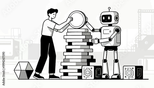 Future of finance and technology human and robot building wealth together. Minimalist illustration of AI collaboration in digital asset management and business growth